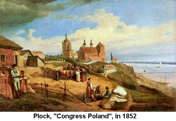 Color painting of Plock, Poland showing a family and men and women surrounding a hay wagon pulled by oxen, in front of a church on the bluff above the Vistuala River; painted by Wojciech Gerson